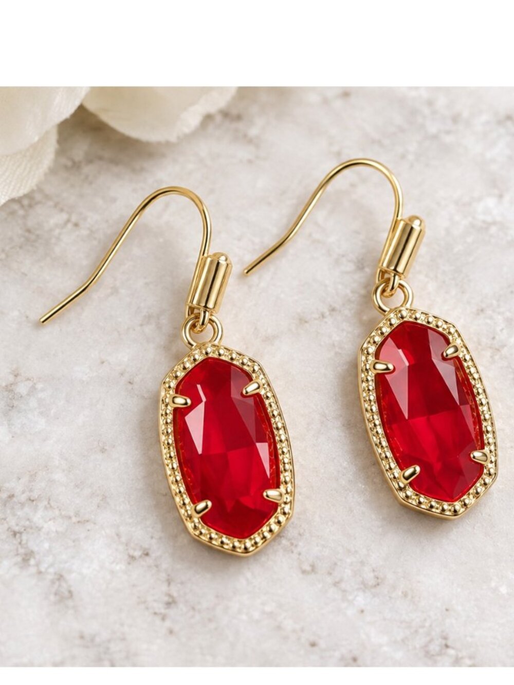 Kendra Scott Lee Gold Drop Earrings Ruby Red Faceted Stone NWOT